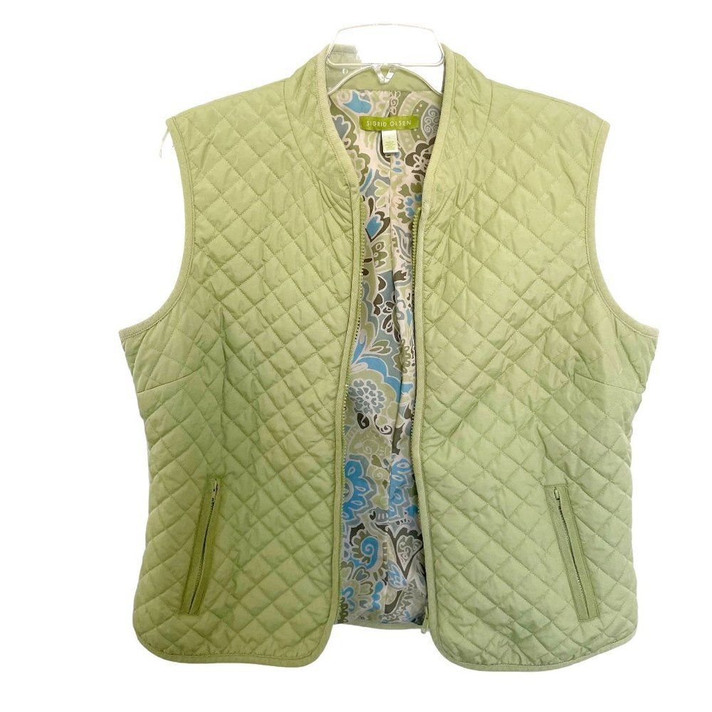 Sigrid Olsen L NEW Puffer Vest Women's Quilted Green Zip Paisley Lining No Tags